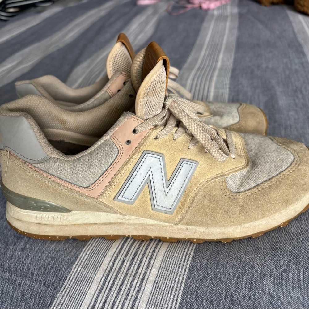 New Balance 574 Gray Tan Pink Sneakers
